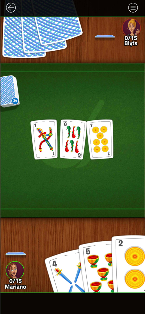 Gameplay of Escoba Blyts featuring Spanish cards and player avatars on a digital green table