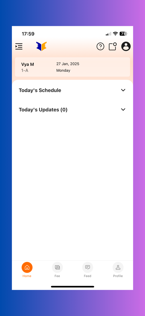 JGI - SCHOOLS - JGI Schools app home screen showing todays schedule and updates