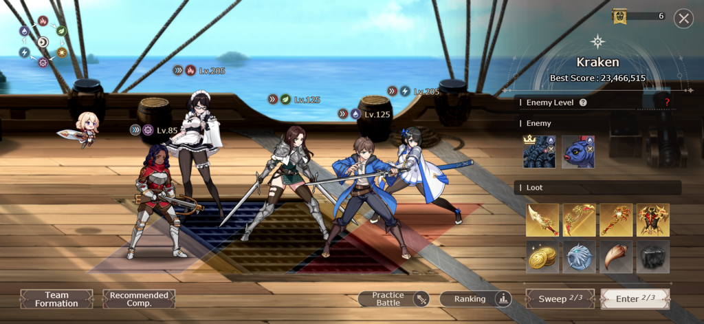 Lost Sword - Lost Sword team formation screen showing anime characters prepared for a Kraken raid on a ship deck.