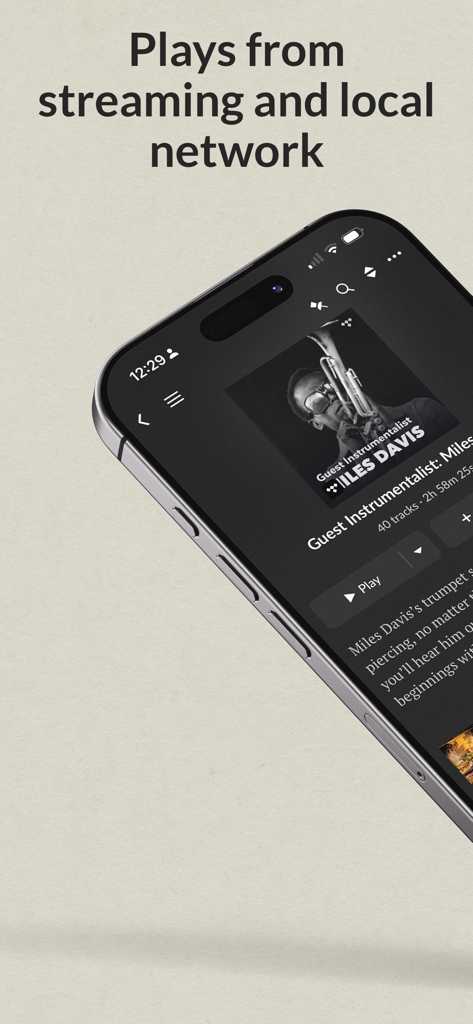 JPLAY - JPLAY app interface on an iPhone showing Miles Davis album details and playback options from streaming and local network sources