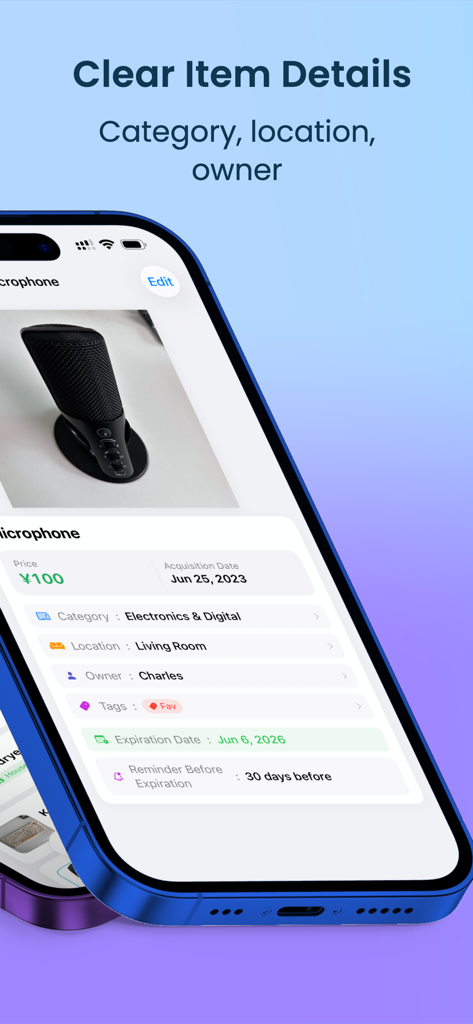 MyThings – Personal Inventory - Una pantalla móvil que muestra información detallada de un micrófono, incluyendo su categoría, ubicación y propietario en la aplicación MyThings.