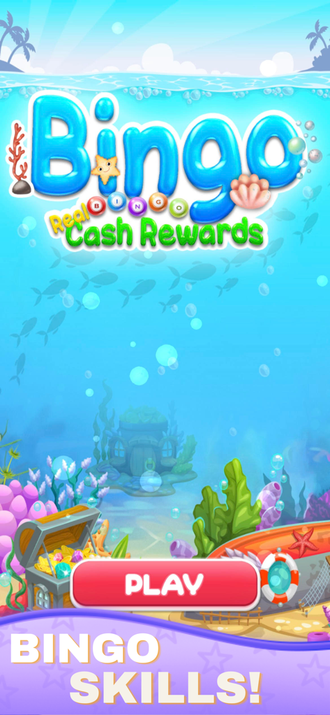 Real Bingo - Win Cash Prizes - Pantalla de inicio de la aplicación Real Bingo con temática submarina y botón de jugar