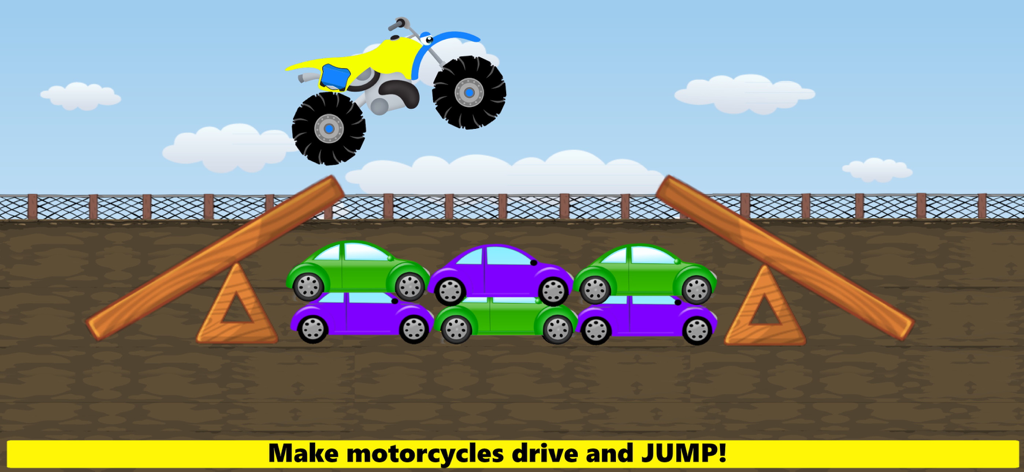 Monster Truck Games! Go Racing - Cartoon motorcycle with large monster truck wheels jumping over a stack of colorful cars on a racing track.