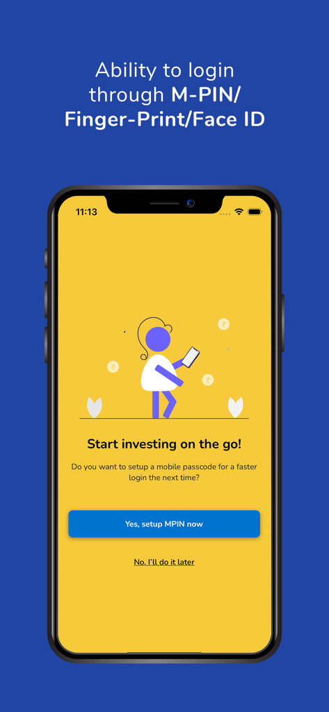 Écran de l'application SBI Mutual Fund InvesTap montrant les options de configuration de connexion sécurisée, y compris MPIN et Face ID