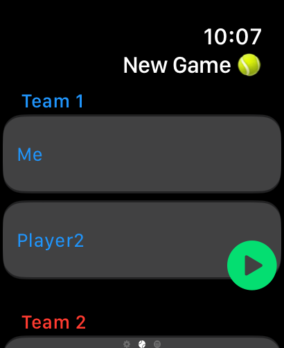 Pantalla de Apple Watch que muestra la interfaz de configuración para un nuevo partido de pádel con selección de equipo y jugadores.