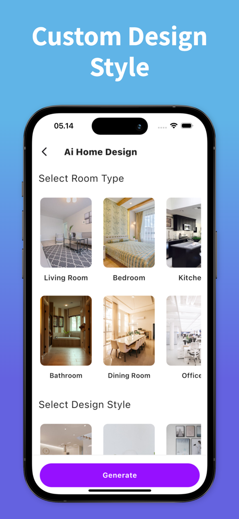Ai Home Design app screen showing different room categories for interior decoration