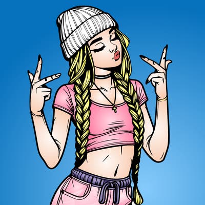 realistic teenage girl with braids and a beanie and crop top doing 🫶🏼