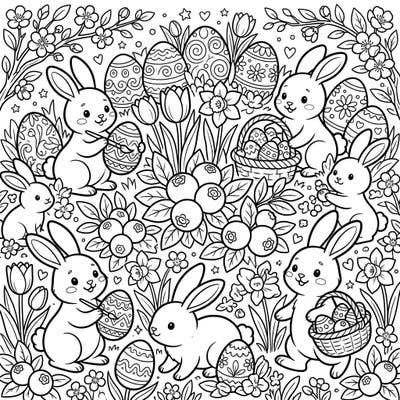 Celebrate Easter with this delightful coloring page featuring an abundance of adorable bunnies busy with their festive preparations. Amidst spring blossoms and beautifully decorated eggs, clusters of plump blueberries add a unique, charming twist to the traditional holiday scene.