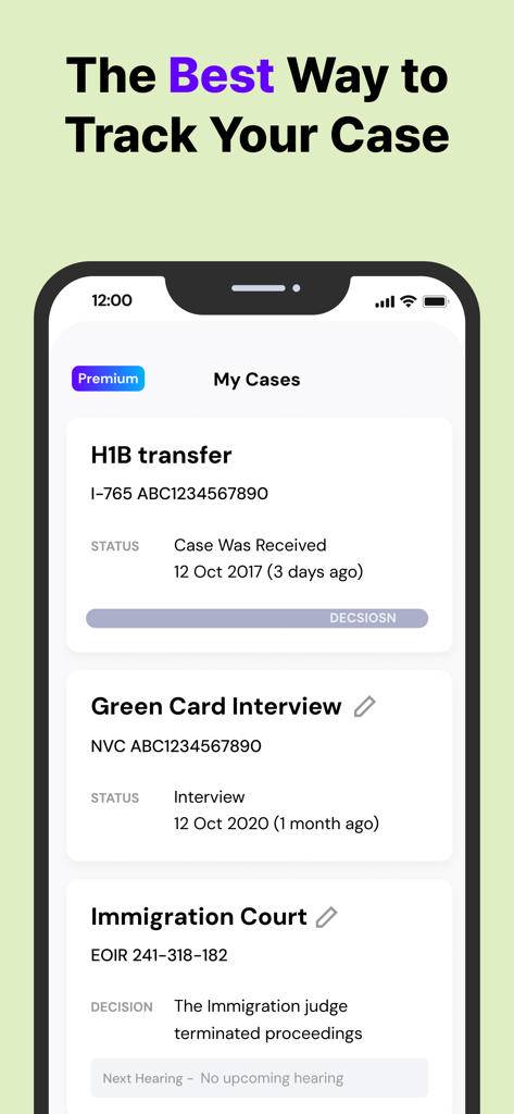 Lawfully Case Tracker - Interface of the Lawfully Case Tracker app displaying various immigration cases such as H1B transfer and Green Card interview status.