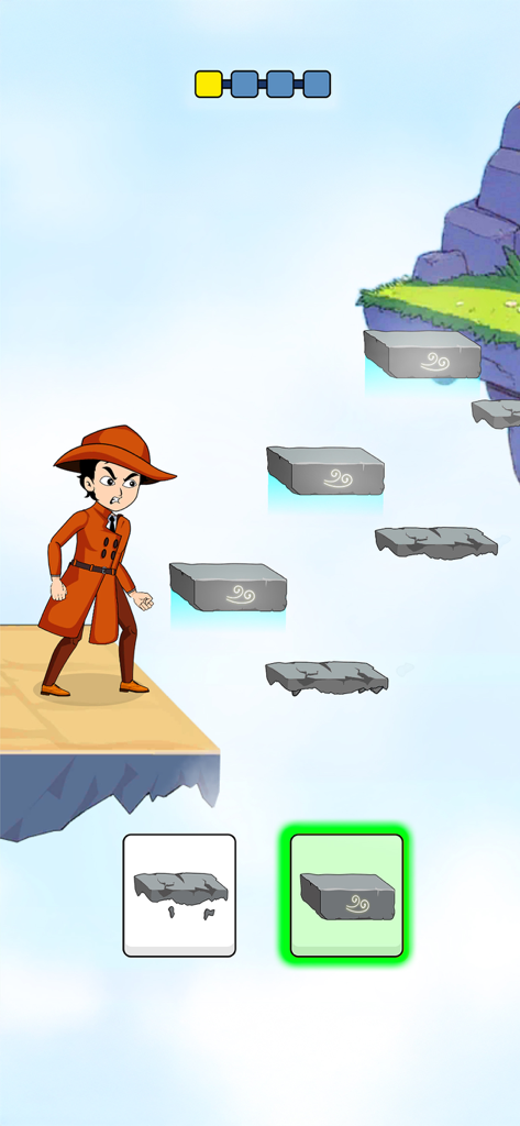 A detective character in an orange coat solves a logic puzzle involving floating platforms in the sky.