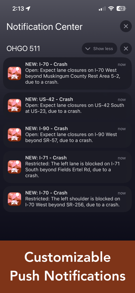 OHGO Ohio 511 Road Conditions - Smartphone notification center screen displaying multiple real-time traffic crash alerts from the OHGO Ohio 511 app