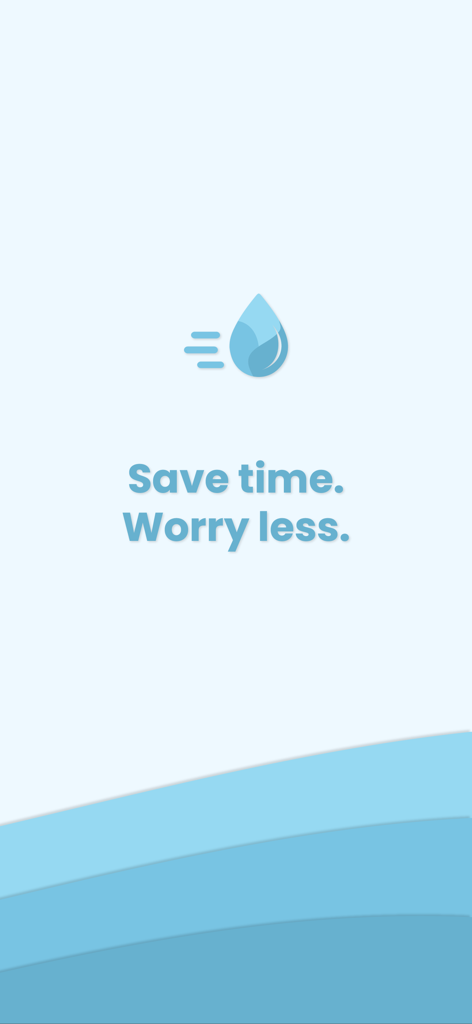 Water Delivery Philippines app splash screen with a water drop icon and the text Save time Worry less