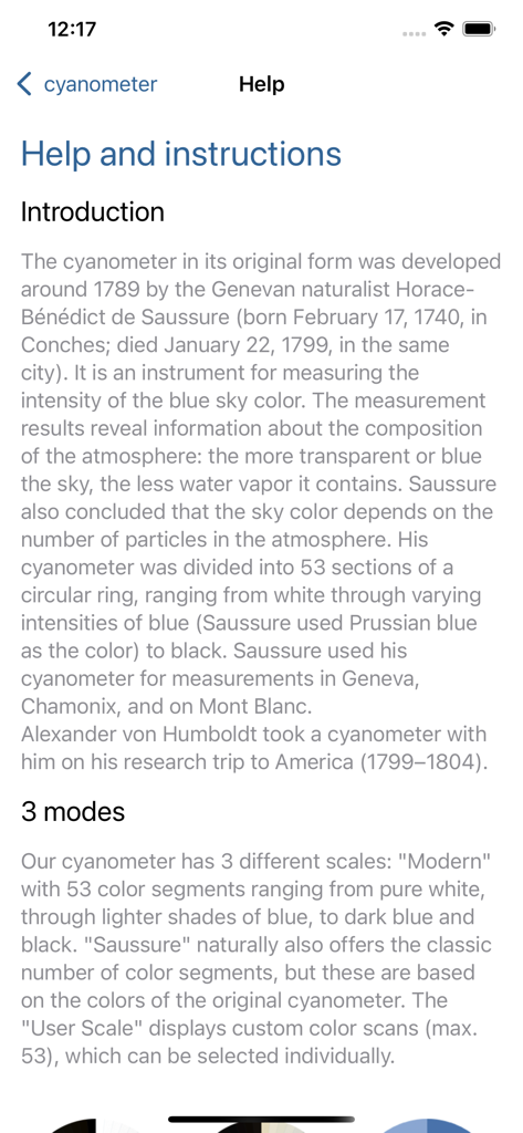 Cyanometer - Cyanometerアプリのヘルプと手順画面。その歴史的起源と3つの測定モードを説明しています。