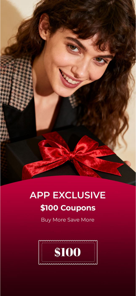SOUFEEL - Personalized Gifts - Smiling woman holding a gift box with a red ribbon showing Soufeel app exclusive 100 dollar coupons