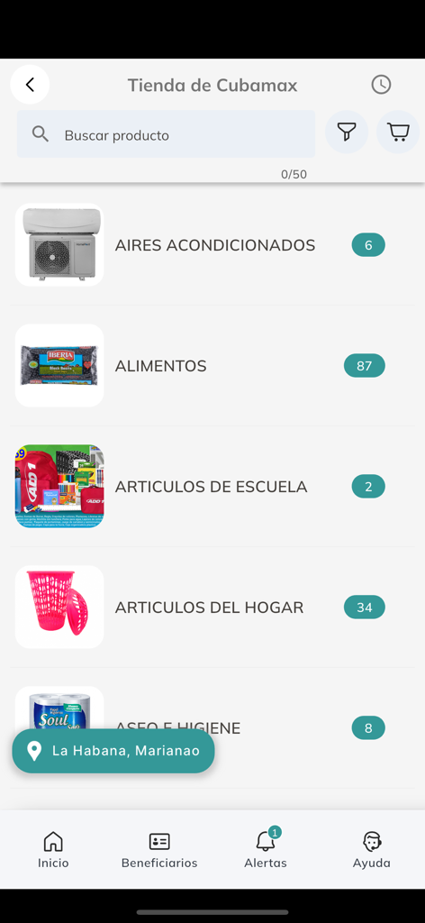 CubaMax - Interface of the CubaMax app store showing product categories including food, air conditioners, and home goods for delivery in Cuba.
