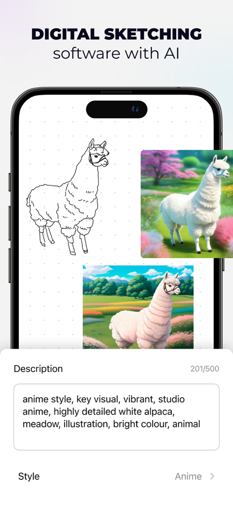 Pocket Sketchbook - Drawing - Interfaz de la aplicación Pocket Sketchbook que muestra ilustraciones de alpacas generadas por IA basadas en una indicación de texto.