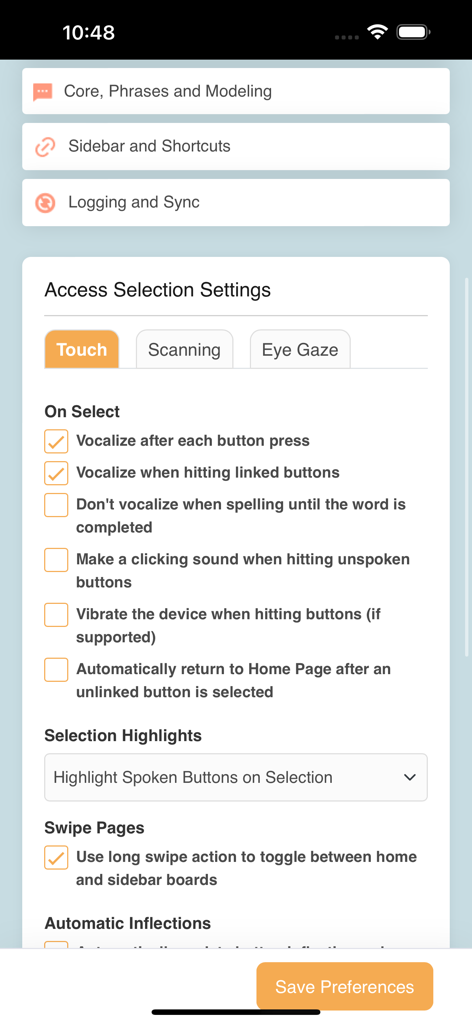 CoughDrop Pro - CoughDrop Pro app settings screen showing customization options for touch scanning and eye gaze access