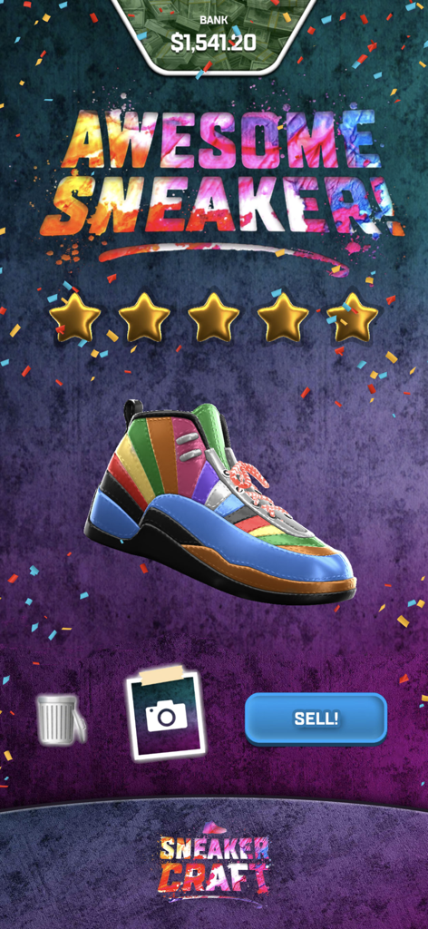 Sneaker Craft - DIY Shoe Art - A finished colorful custom sneaker with a five star rating and a sell button in the Sneaker Craft app