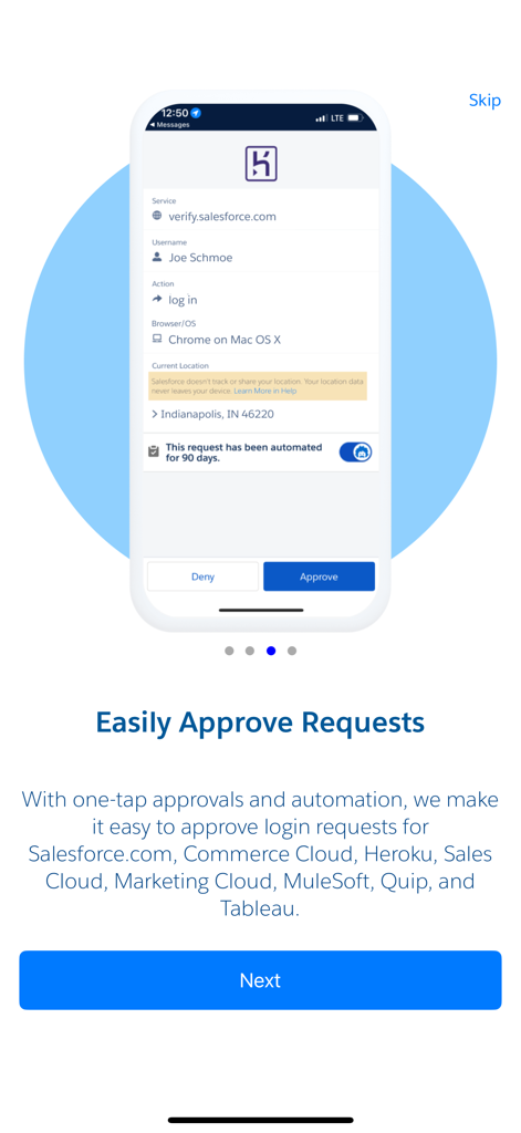 Interface of Salesforce Authenticator app showing a request to approve a login attempt.