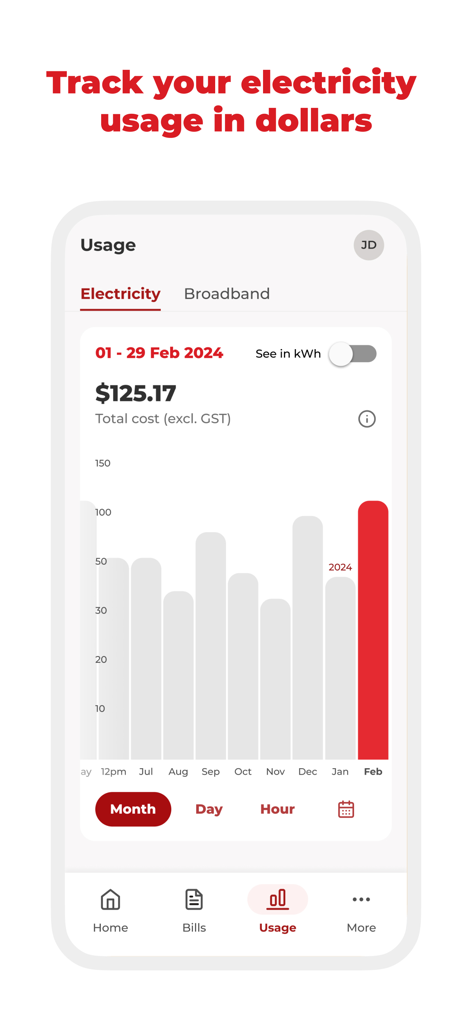 Contact Energy app interface showing monthly electricity usage and costs with a bar chart.