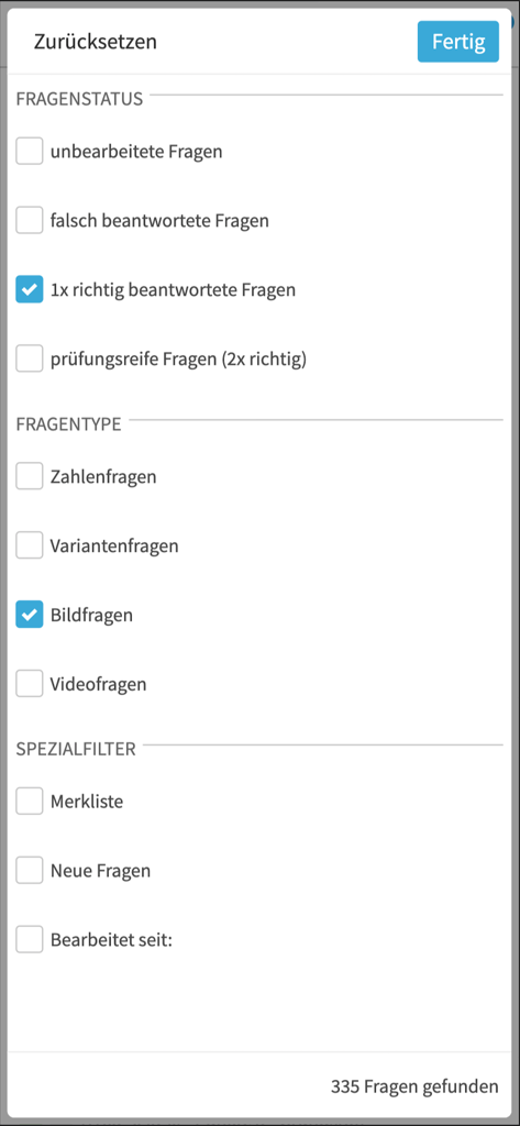 Fahrschulcard - Filter menu in the Fahrschulcard app displaying options to sort driving theory questions by status and type