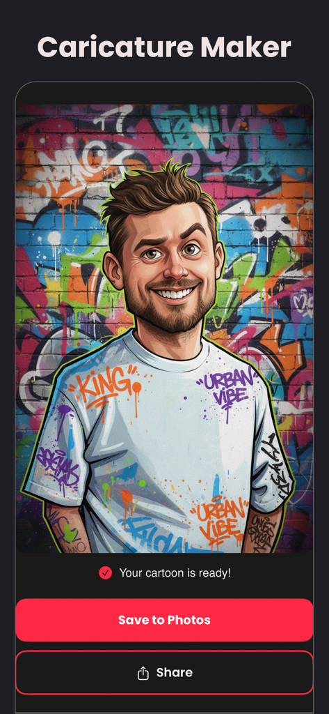 Retoon: Cartoon Photo Editor - A man's photo transformed into a caricature with a graffiti background in the Retoon app.