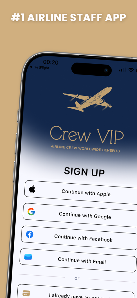CrewVIP AI Airline Staff Perks - CrewVIP航空会社スタッフ特典アプリのサインアップ画面。Apple、Google、Facebookのログインオプションが表示されています。