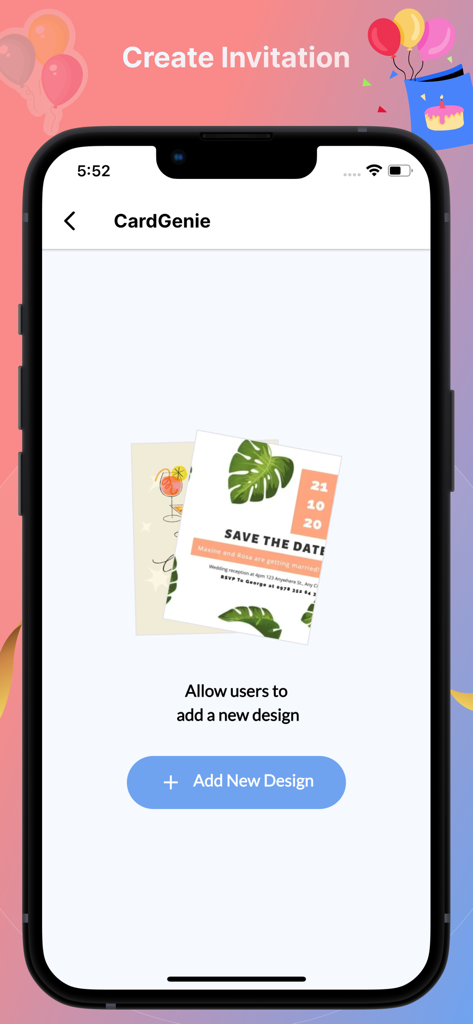 Invitation Design & Card Maker - CardGenie mobile app interface showing a tropical Save the Date invitation and a button to add a new design.
