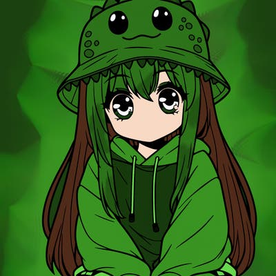 girl with anime shaped eyes with a dinosaur bucket hat oversized sweatshirt long straight hair