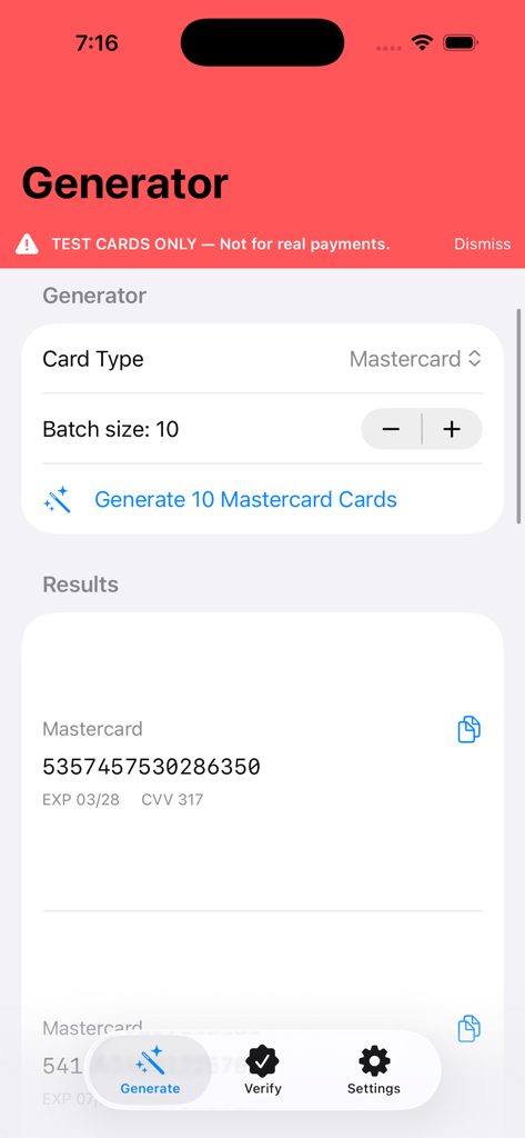 The main generator screen of the Credit Card Generator app displaying a test Mastercard number and batch generation options.