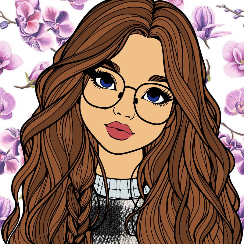 girl with long hair and freckles and glasses realistic