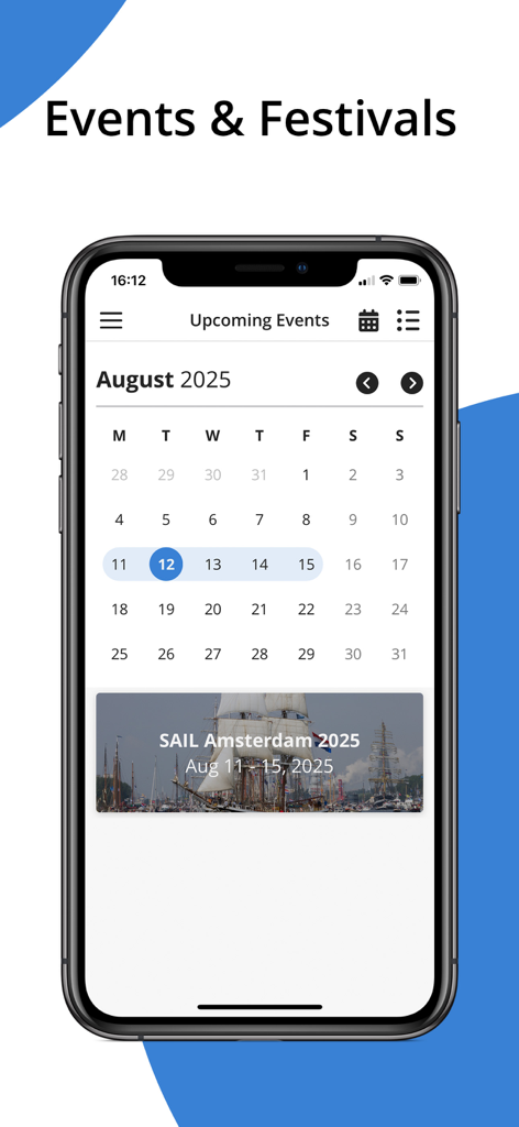 Tripbucket Mobile App - Interfaccia dell'app mobile TripBucket che mostra un calendario dei prossimi eventi e festival di viaggio