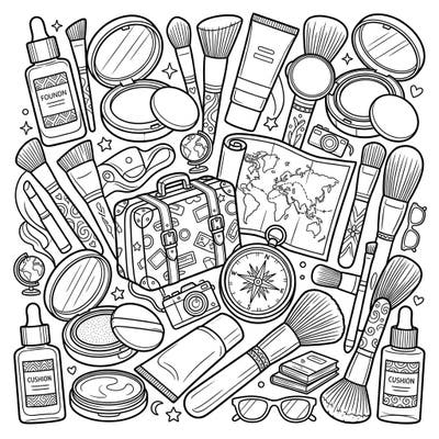 Get ready for a chic adventure with this unique coloring page combining essential foundation makeup and exciting travel elements. Unleash your creativity by adding vibrant colors to bottles, brushes, suitcases, and world maps.