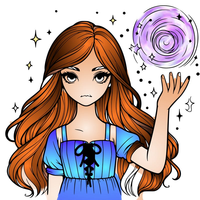a realistic girl with long hair and magic powers
