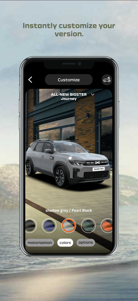 Écran de smartphone montrant l'interface de l'application Dacia AR pour personnaliser la couleur et les options d'un modèle 3D de la voiture Dacia Bigster.