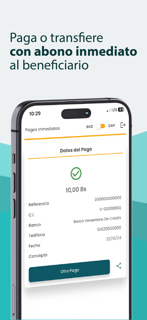 VOL.móvil (acceso anticipado) - Bestätigungsbildschirm für eine erfolgreiche Zahlung in der VOL movil App von Venezolano de Credito
