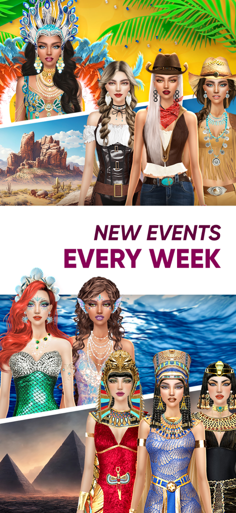 Weibliche Avatare im Fashion Stylist Spiel, die vielfältige Themen-Outfits tragen, darunter Meerjungfrauen-, Cowboy- und ägyptische Stile
