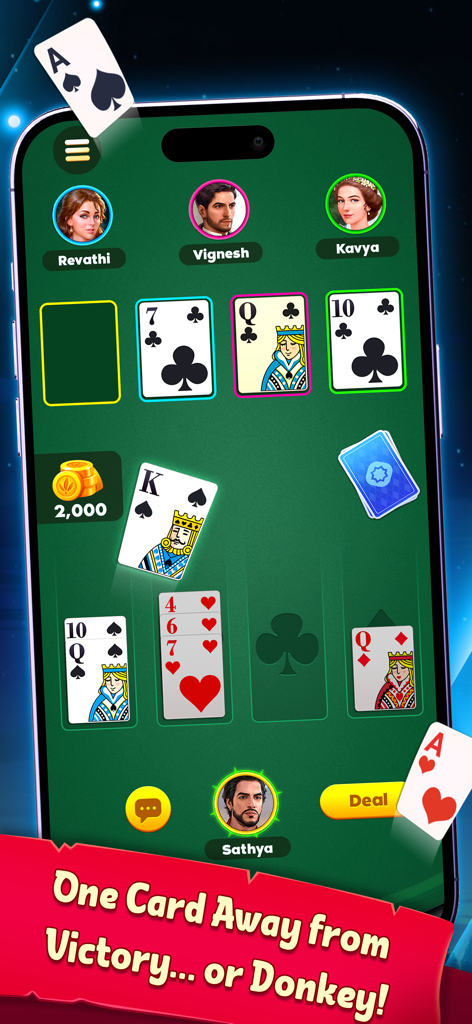 Donkey Multiplayer - Una schermata di gioco mobile del gioco di carte Donkey Multiplayer con quattro giocatori e varie carte da gioco