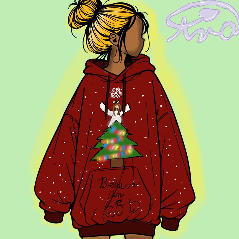 realistic girl with a oversized sweatshirt on and a bun