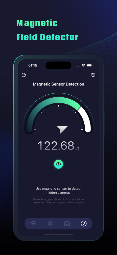Spy Hidden Camera Detector+ - Interface of the Spy Hidden Camera Detector app showing the magnetic field sensor to locate hidden devices.