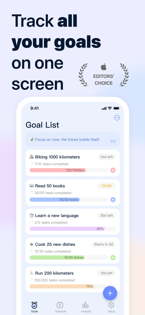 GoalMap app interface showing a list of goals with progress bars for biking reading and language learning
