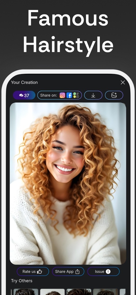 Hair Type: AI Hairstyle Try On - A woman trying on a voluminous curly blonde hairstyle in the NHair AI virtual salon app interface.