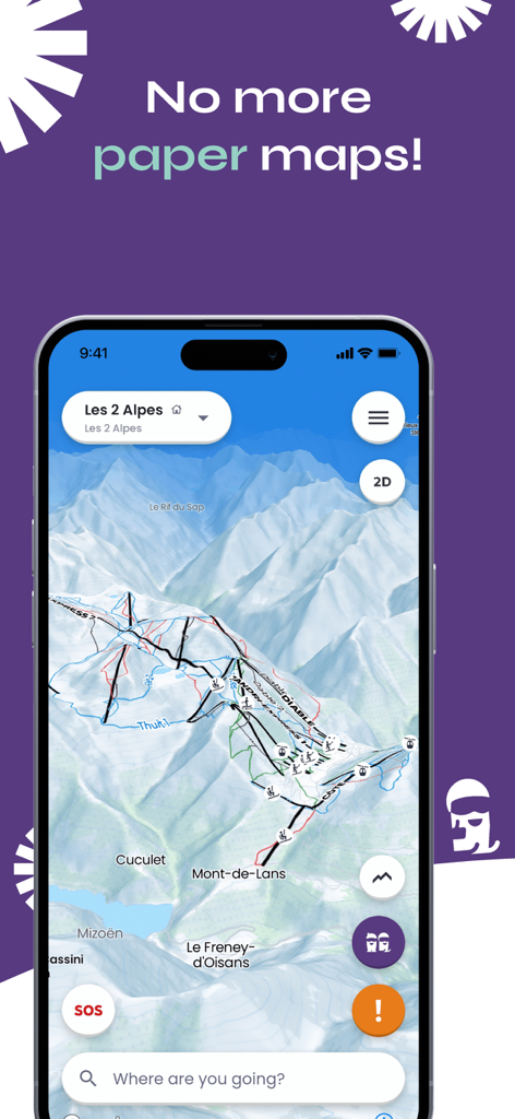 A smartphone displaying a 3D digital map of a ski resort in the Skiif app.