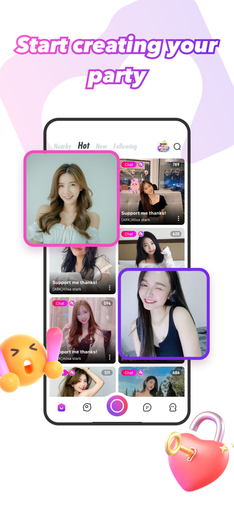 Mango Live 모바일 앱 인터페이스, 인기 카테고리의 인기 라이브 스트림 호스트 그리드 표시