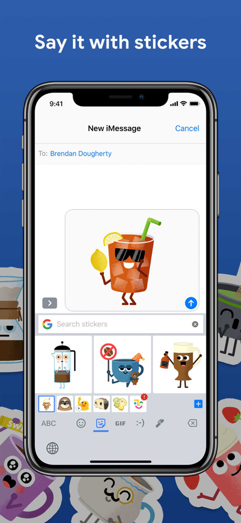Interfaz de Gboard para iOS que muestra la función de stickers integrada en un iPhone