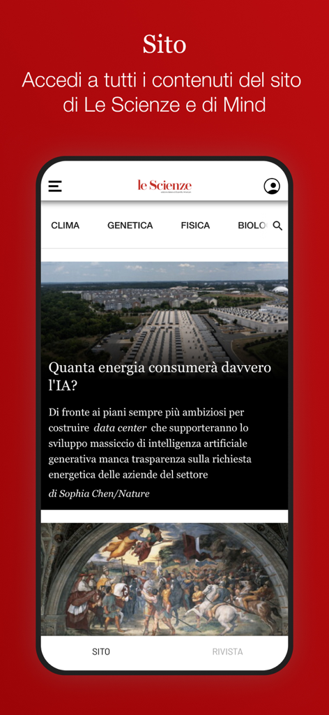 Le Scienze - Mobile Oberfläche der Le Scienze App mit wissenschaftlichen Nachrichtenartikeln