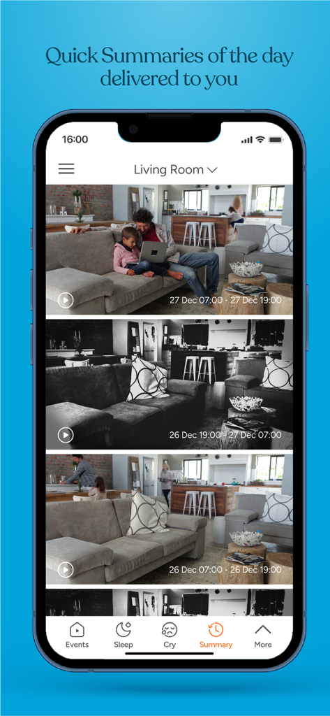 가정 활동에 대한 빠른 일일 비디오 요약을 보여주는 Invidyo 앱 인터페이스