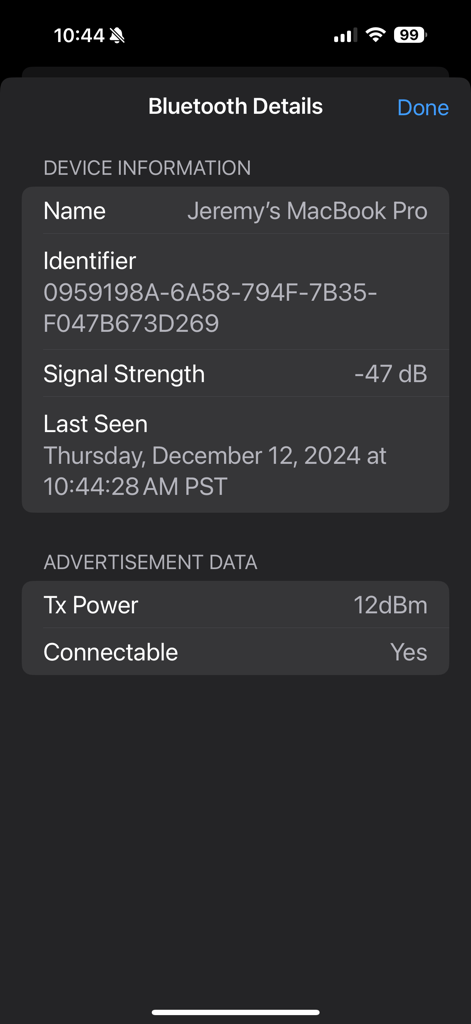 Tracker Detector - A screenshot of the Bluetooth details screen in Tracker Detector showing signal strength and technical information for a detected device.