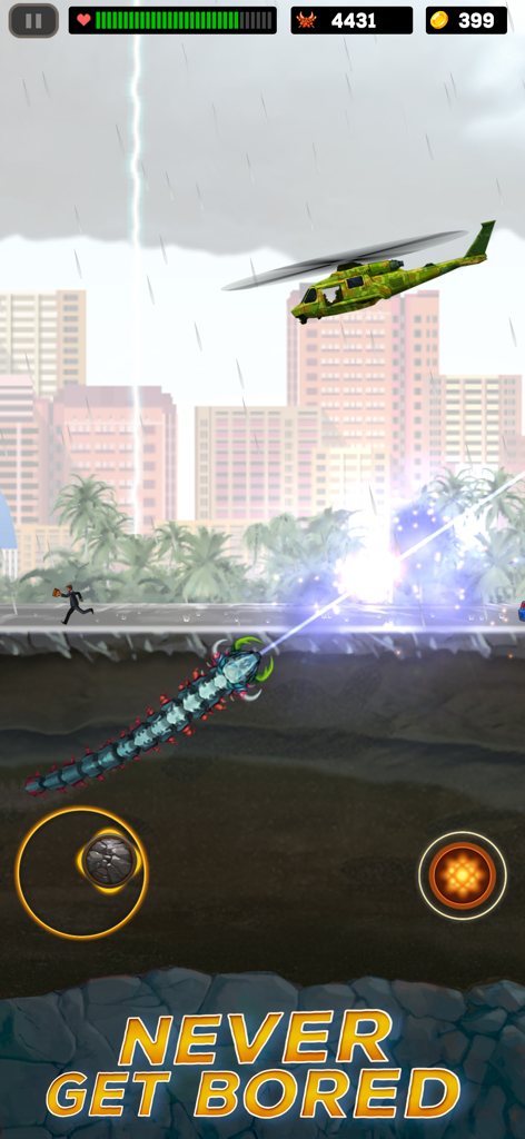 Death Worm™ Deluxe - Giant underground worm attacking a helicopter and city in Death Worm Deluxe