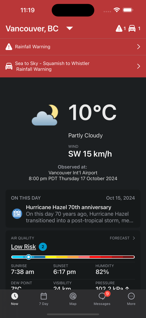 WeatherCAN - Interfaccia dell'app WeatherCAN che mostra la temperatura attuale, gli avvisi di pioggia e la qualità dell'aria per Vancouver